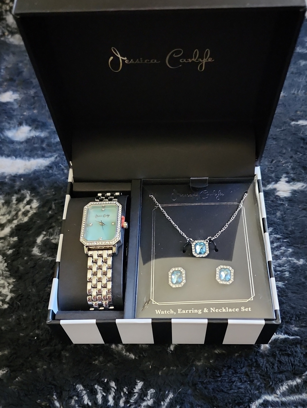 Silver Watch, Necklace & Earring Set with Blue Stones